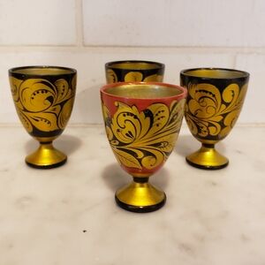 Set Of 4 Wooden Handpainted Russian Vodka Shot Cups
